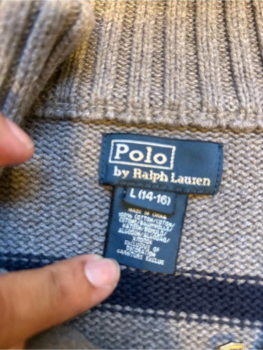 Polo Ralph Lauren Boys L 14-16 Gray Navy Striped Quarter Zip Sweater